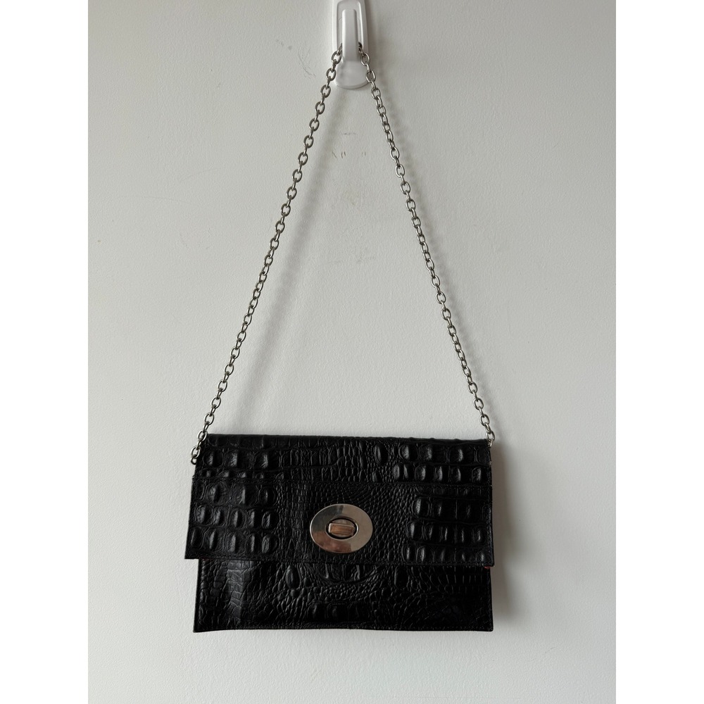 Cleo & Patek‎ Paris Black Croc Embossed Leather Chain Clutch Shoulder Bag